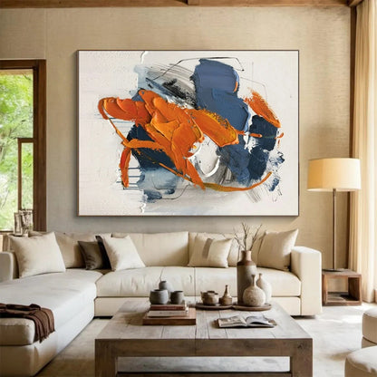 Large Size Orange and Blue Abstract Impasto Creation, Acrylic Modern Art Paintings PT523