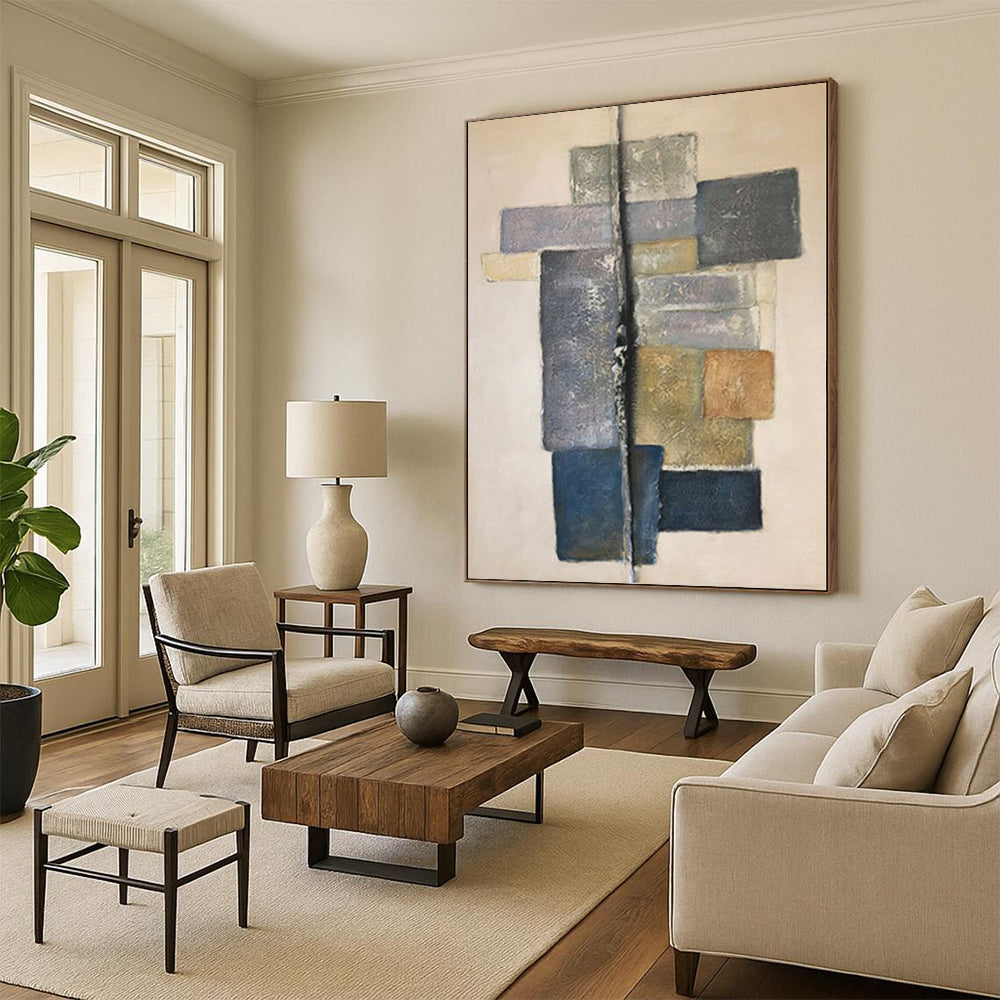 48x60 Modern Art Acrylic with Geometric Grey, Blue, and Beige Shapes PT018