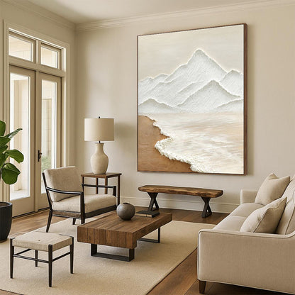 Handmade Art Beige and White Mountain and Sea Abstract Landscape Painting DPS449