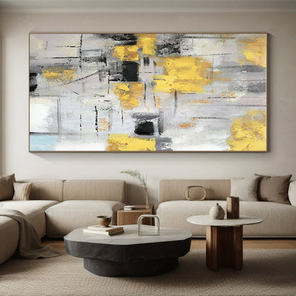 Large Size Yellow, Gray, and Black Textured Abstract Art PT749