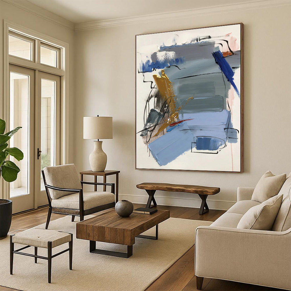 Unique Abstract Art Blue Gray Gold Abstract Composition Acrylic Painting PT471