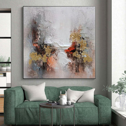 Hand-Painted Gray, Red & Gold Textured Abstract Painting On Canvas PT031