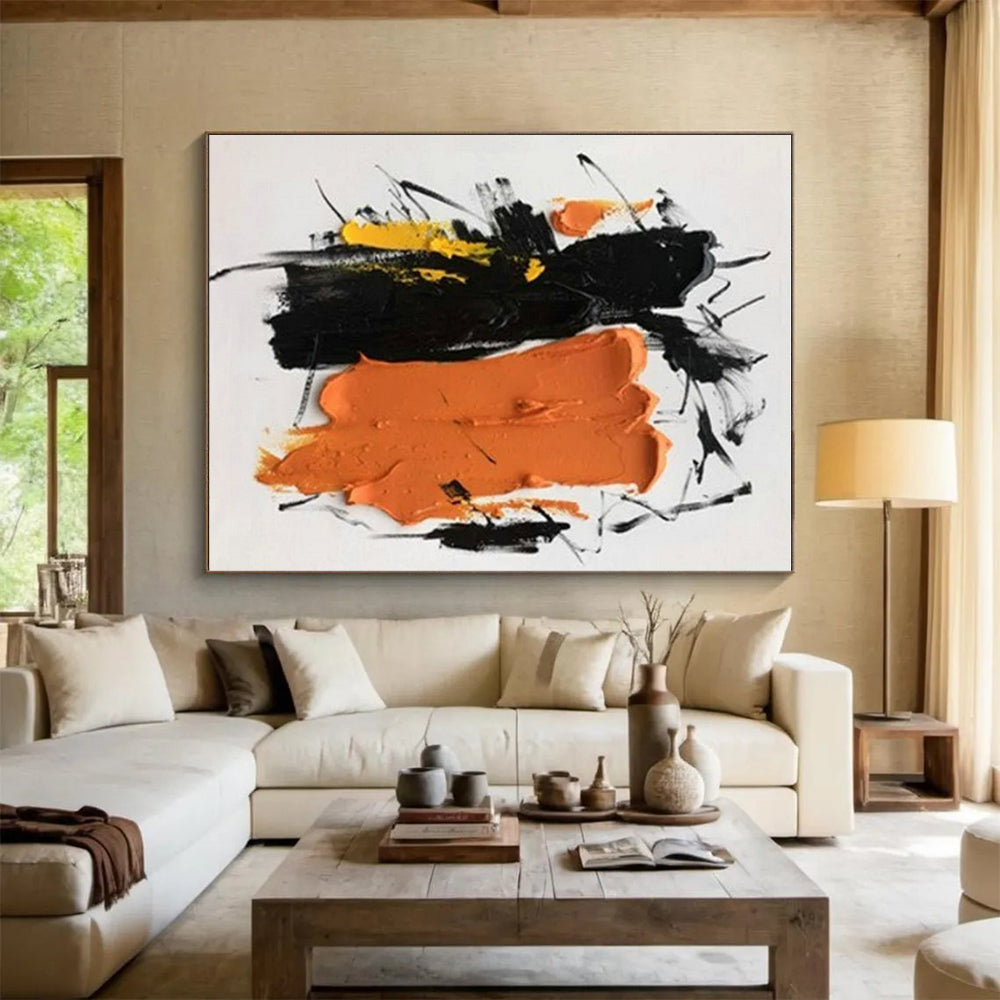 Unique Abstract Art Black, Orange and Yellow Dynamic Abstract Piece, Large Contemporary Wall Art PT522