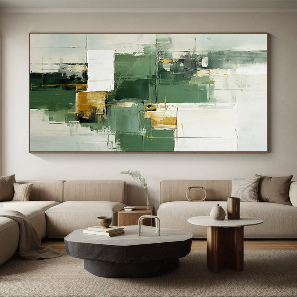 Large Size Green, White, and Gold Geometric Abstract Art PT800