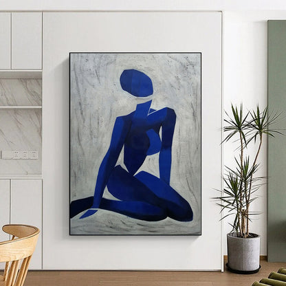 Hand-Painted Blue and White Geometric Figure Abstract Portrait Painting DPS426