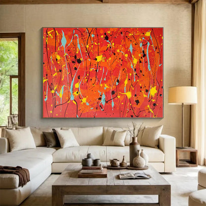 Hand Painted Art Vibrant Red, Orange, Yellow & Teal Splatter Abstract Painting On Canvas HPS075