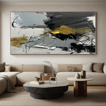 Large Size Gray Black Gold Abstract Expressionist Acrylic Painting PT466