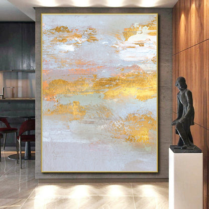 Oversized Abstract Wall Art in Grey, Gold, and Peach Abstract Textural Layers PT239