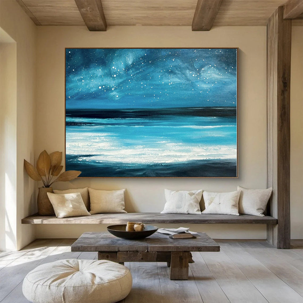 Hand Painted Art Vibrant Blue Starry Sea Abstract On Canvas HPS036