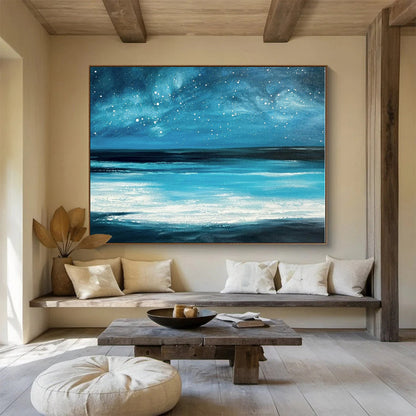 Hand Painted Art Vibrant Blue Starry Sea Abstract On Canvas HPS036