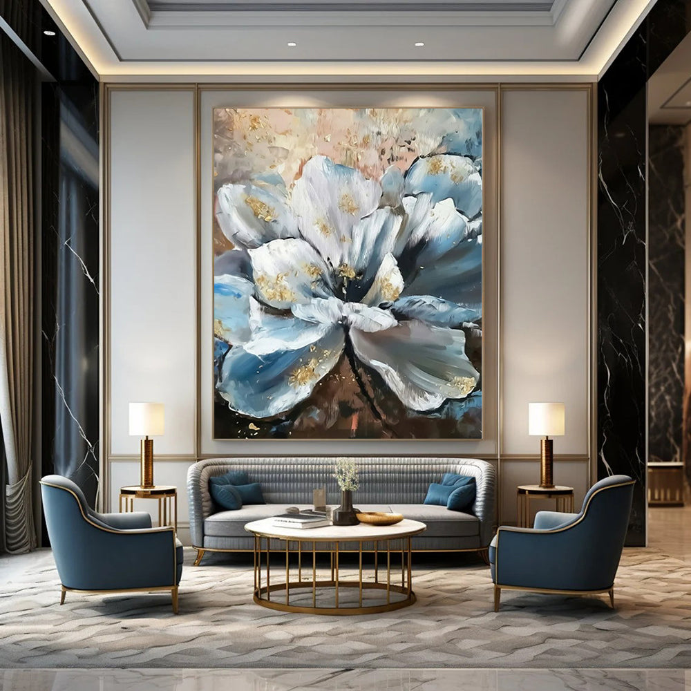 Hand Painted Art Blue and White Floral with Gold Accents Abstract Flower Painting DPS428