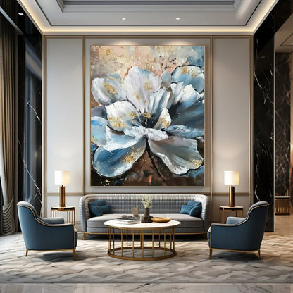 Hand Painted Art Blue and White Floral with Gold Accents Abstract Flower Painting DPS428