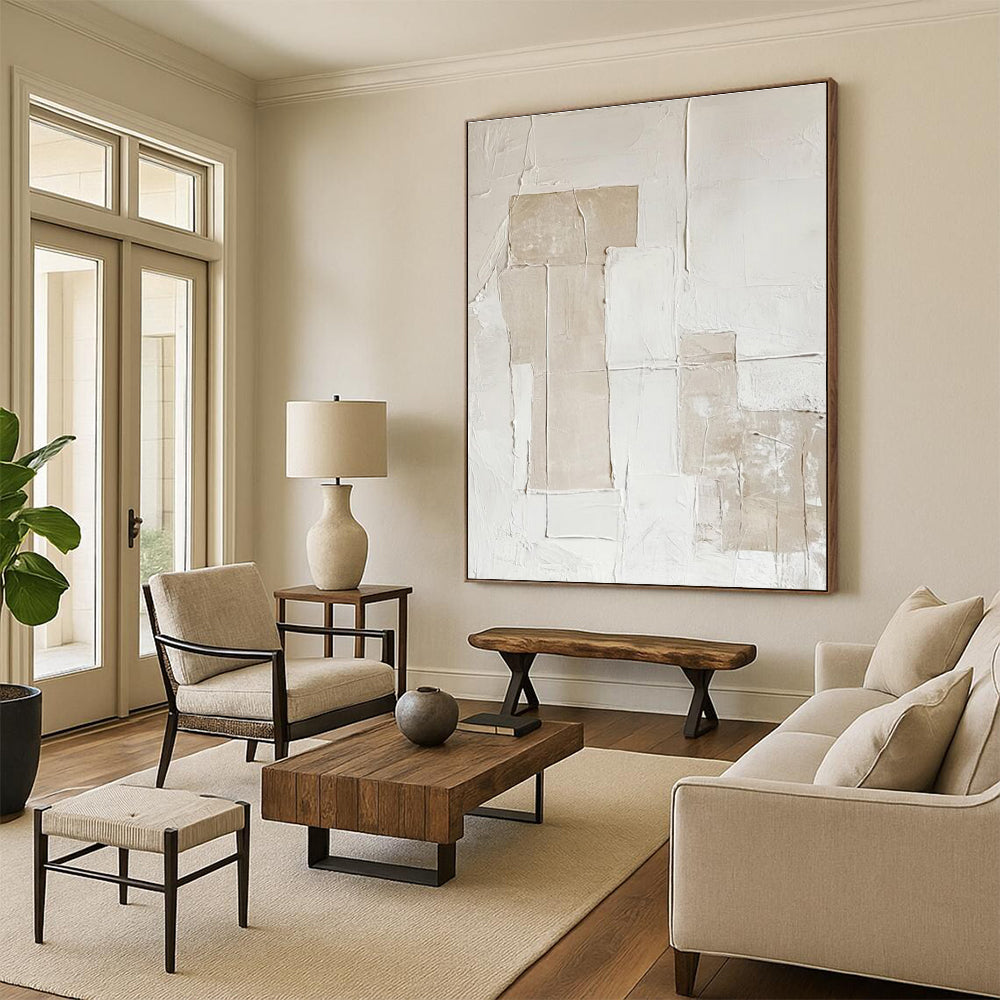 Hand-Painted Beige and White Textured Abstract Art PT745