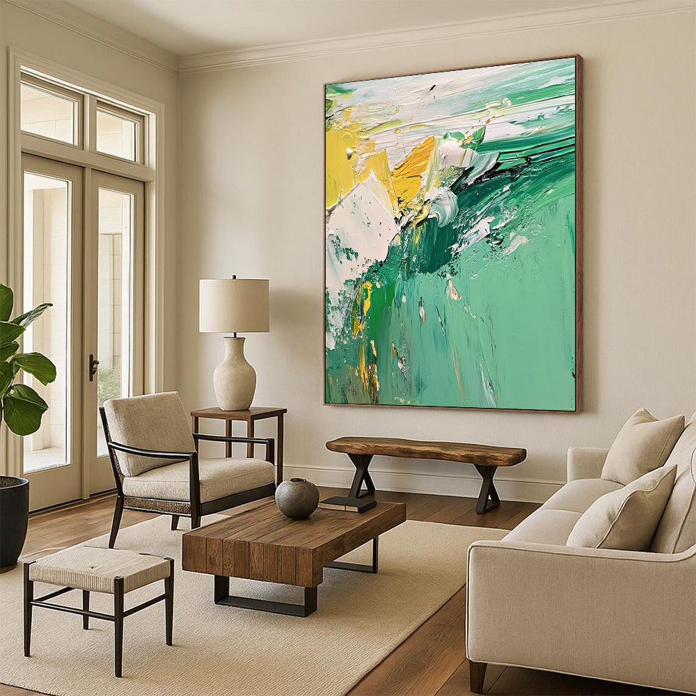 48x60 Green, Yellow & White Textured Abstract Painting On Canvas PT126