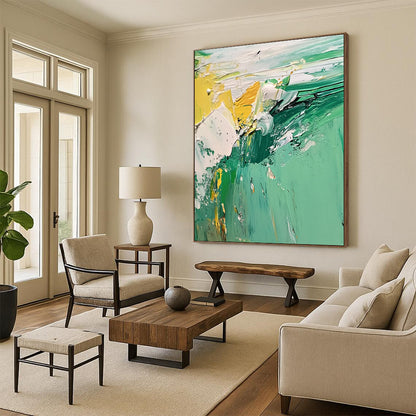 48x60 Green, Yellow & White Textured Abstract Painting On Canvas PT126