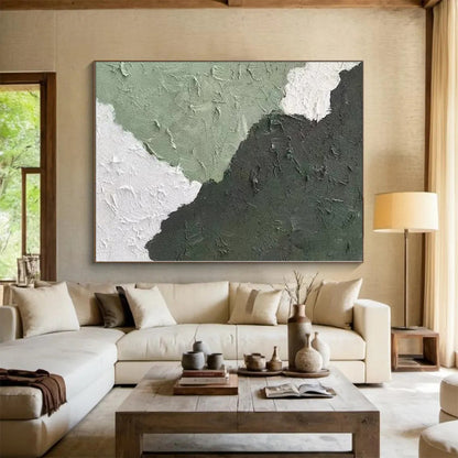 Hand Painted Art Green & White Textured Abstract Painting On Canvas PT063