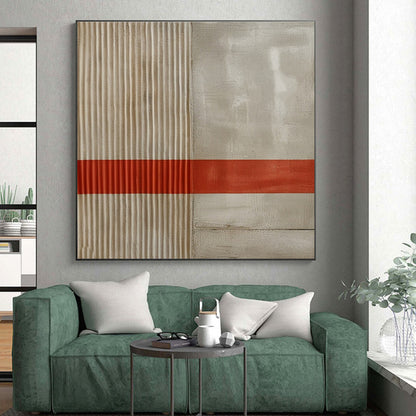 Minimalist Canvas Art with Beige, Gray, and Red Geometric Lines, Handmade Art PT203