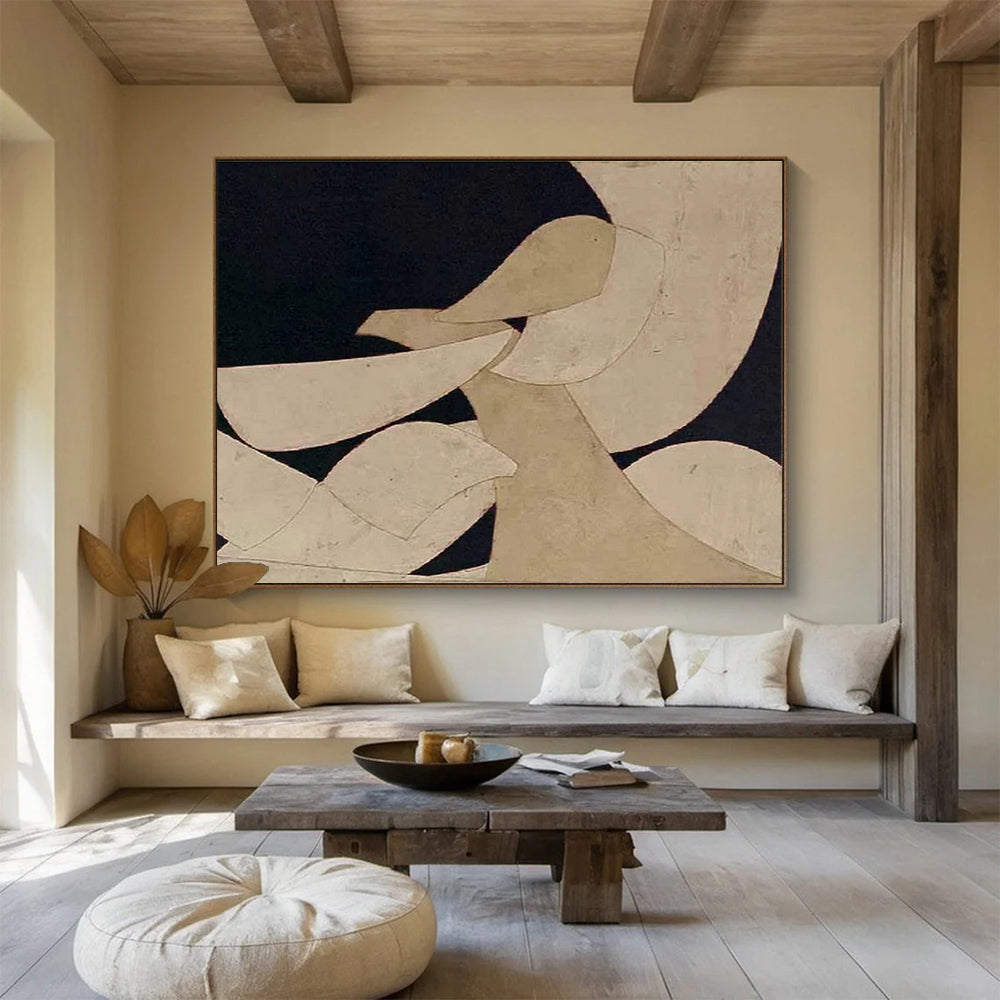 Minimalist Canvas Art Beige & Black Geometric Abstract Painting HPS223