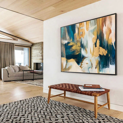 Paintings For House Teal, Gold, and Beige Textured Abstract Art HPS380