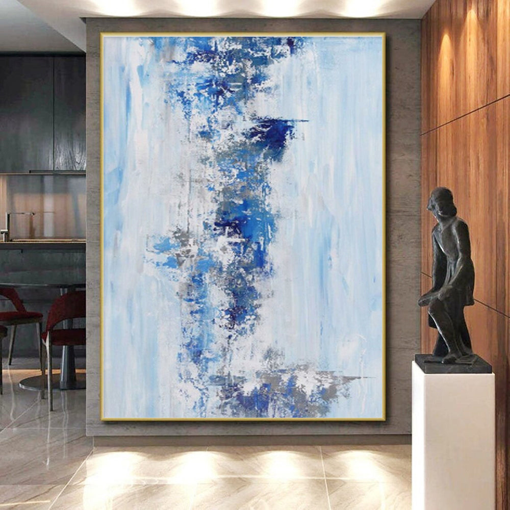 Large Size Abstract Art in Shades of Blue and Gray, Hand-Painted Acrylic Modern Art PT294