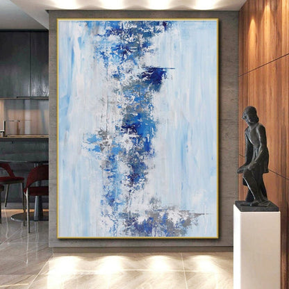 Large Size Abstract Art in Shades of Blue and Gray, Hand-Painted Acrylic Modern Art PT294