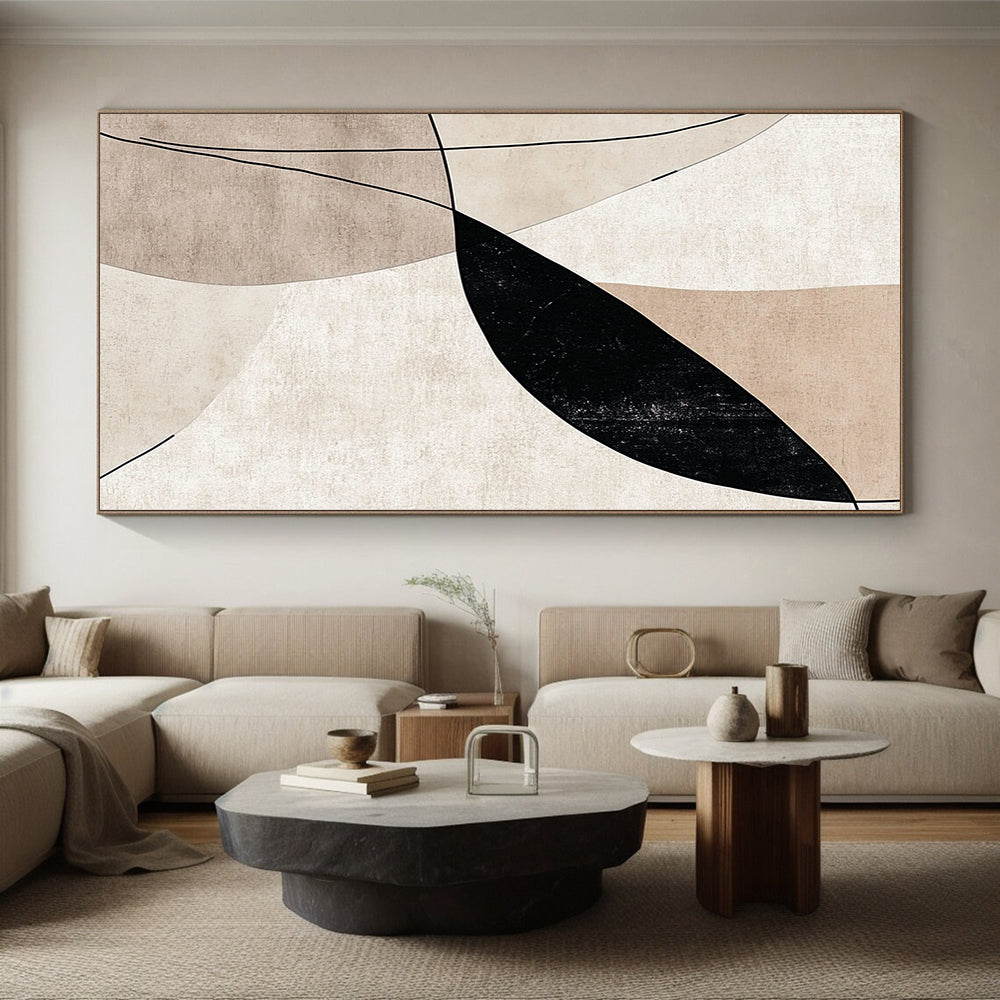 Modern Large Abstract Canvas Painting, Beige Black Gray Minimalist Geometric Abstract Art PT137