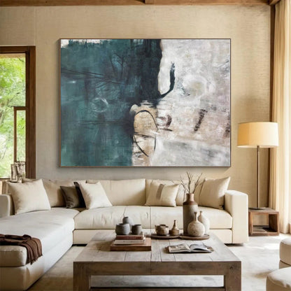 Modern Art Acrylic Teal Beige Textured Abstract Art PT397