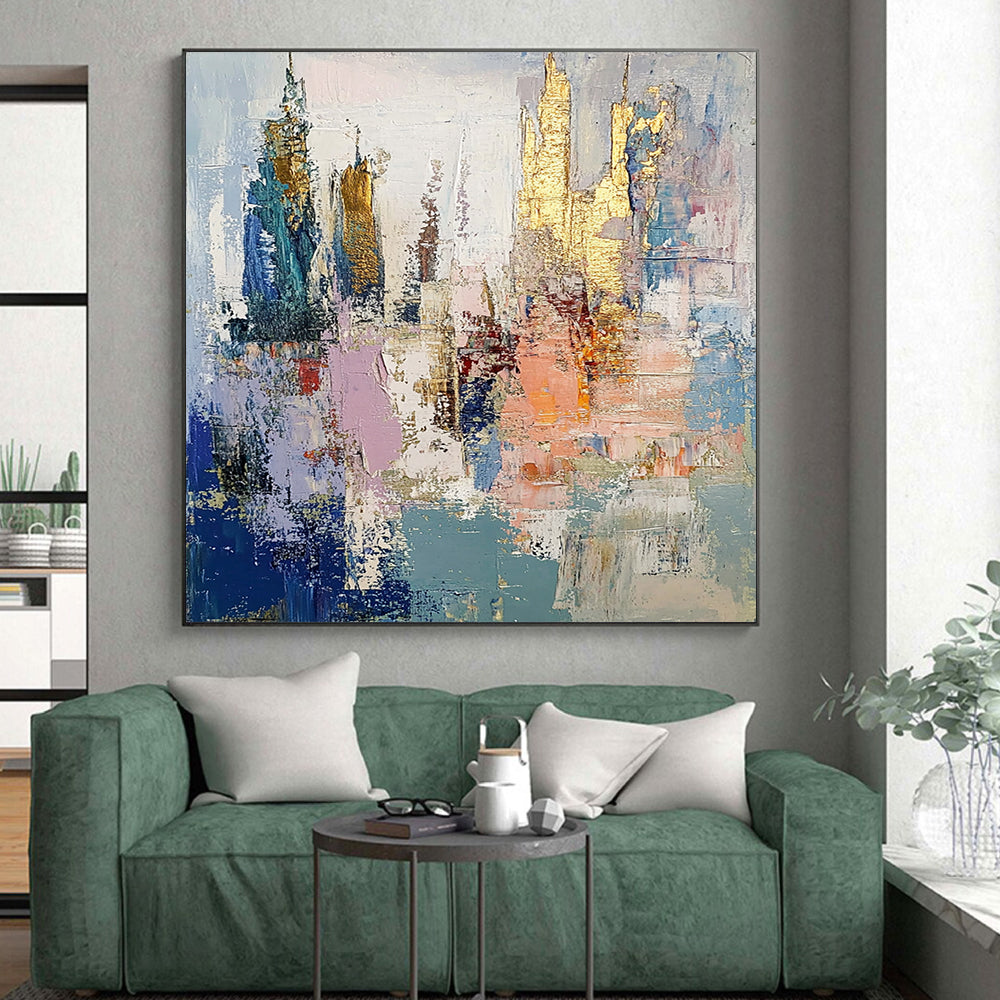 Gold Blue Pink Gray City Abstract Art PT146