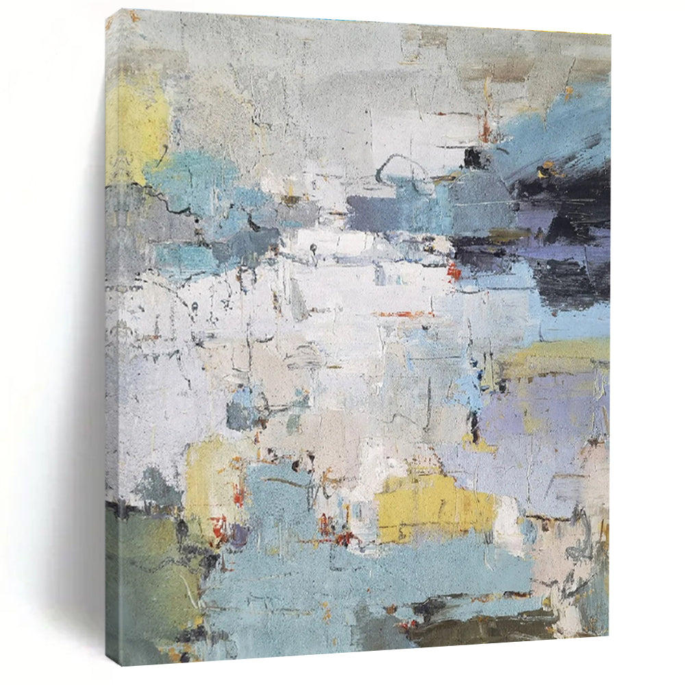 Modern Art Acrylic in Blue, Grey, Yellow, and White Abstract Textural Urban Shapes PT256
