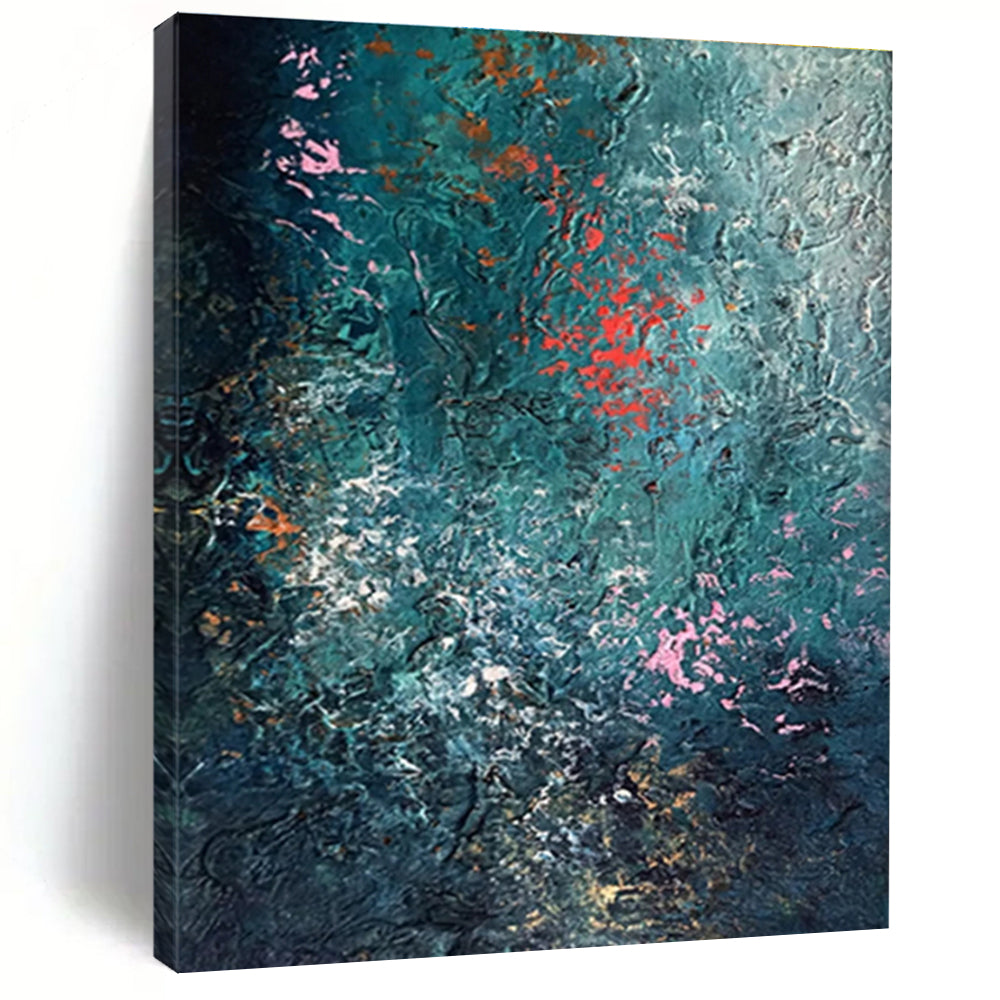 Unique Abstract Art in Teal, Red, Pink, and White Textural Abstract Sea-Inspired Painting On Canvas PT275