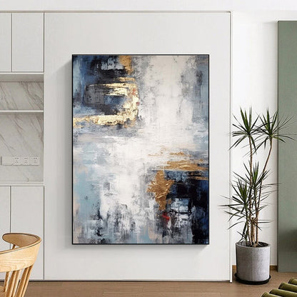 Hand-Painted Blue Gray Gold Textured Abstract Art PT366
