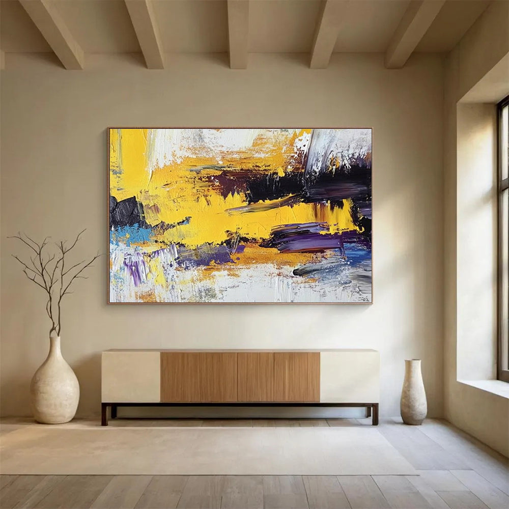 Acrylic Modern Art Paintings Yellow, Black, Purple & White Dynamic Abstract Art HPS236