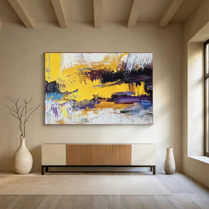 Acrylic Modern Art Paintings Yellow, Black, Purple & White Dynamic Abstract Art HPS236