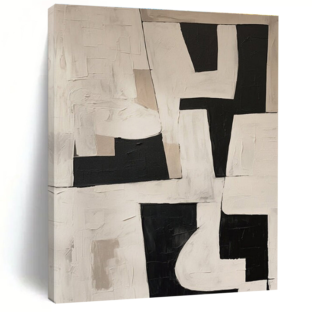 Modern Art Acrylic Black, White, and Beige Geometric Abstract Art PT759