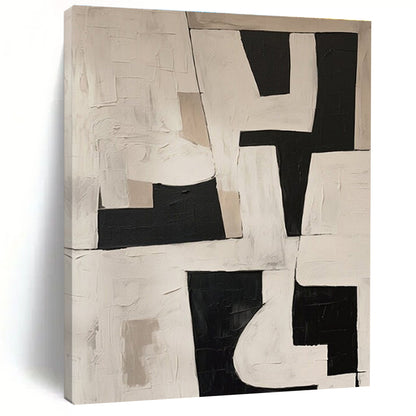 Modern Art Acrylic Black, White, and Beige Geometric Abstract Art PT759