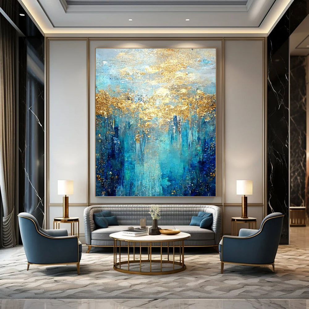 Oversized Abstract Wall Art Blue, Teal, and Gold Abstract Landscape Painting DPS444