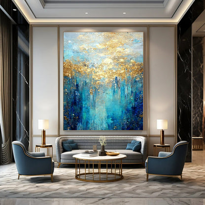 Oversized Abstract Wall Art Blue, Teal, and Gold Abstract Landscape Painting DPS444