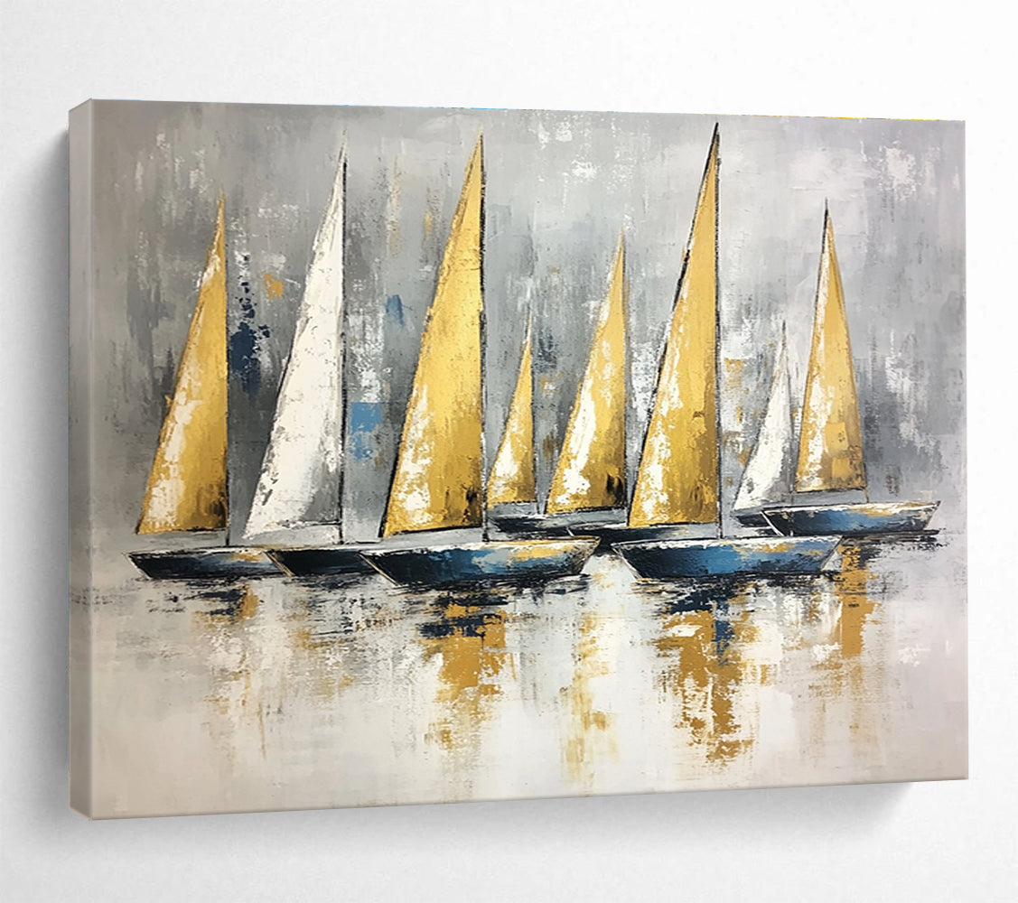 Huge Size Gold, White, and Gray Sailboat Fleet Abstract Nautical Art HPS323