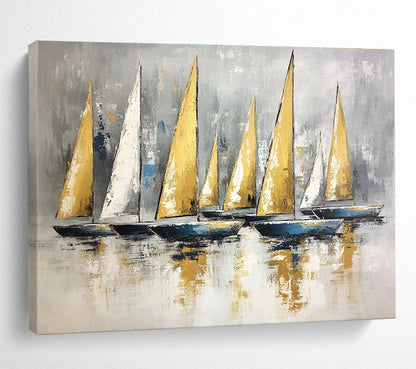 Huge Size Gold, White, and Gray Sailboat Fleet Abstract Nautical Art HPS323