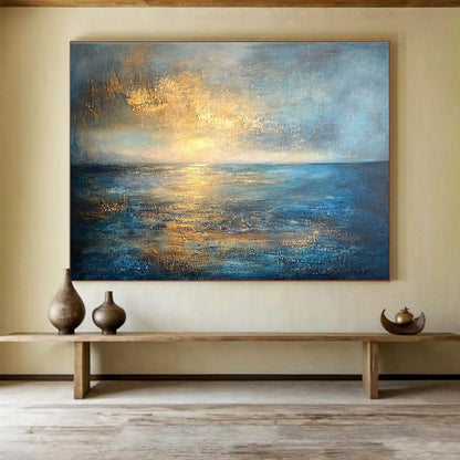 Modern Art Acrylic Blue, Gold & Gray Textured Coastal Abstract Painting HPS288