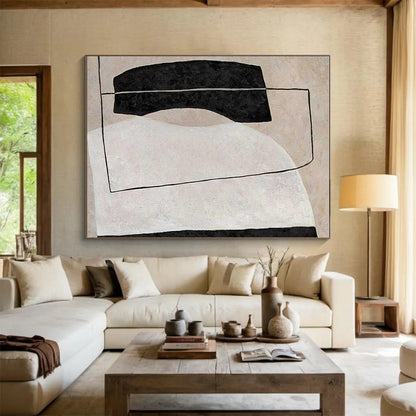 Hand-Painted Black, Beige, and White Geometric Abstract Art PT692