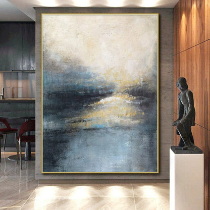 Acrylic Modern Art Paintings Blue, Gray, and Gold Textured Landscape Abstract Art PT713