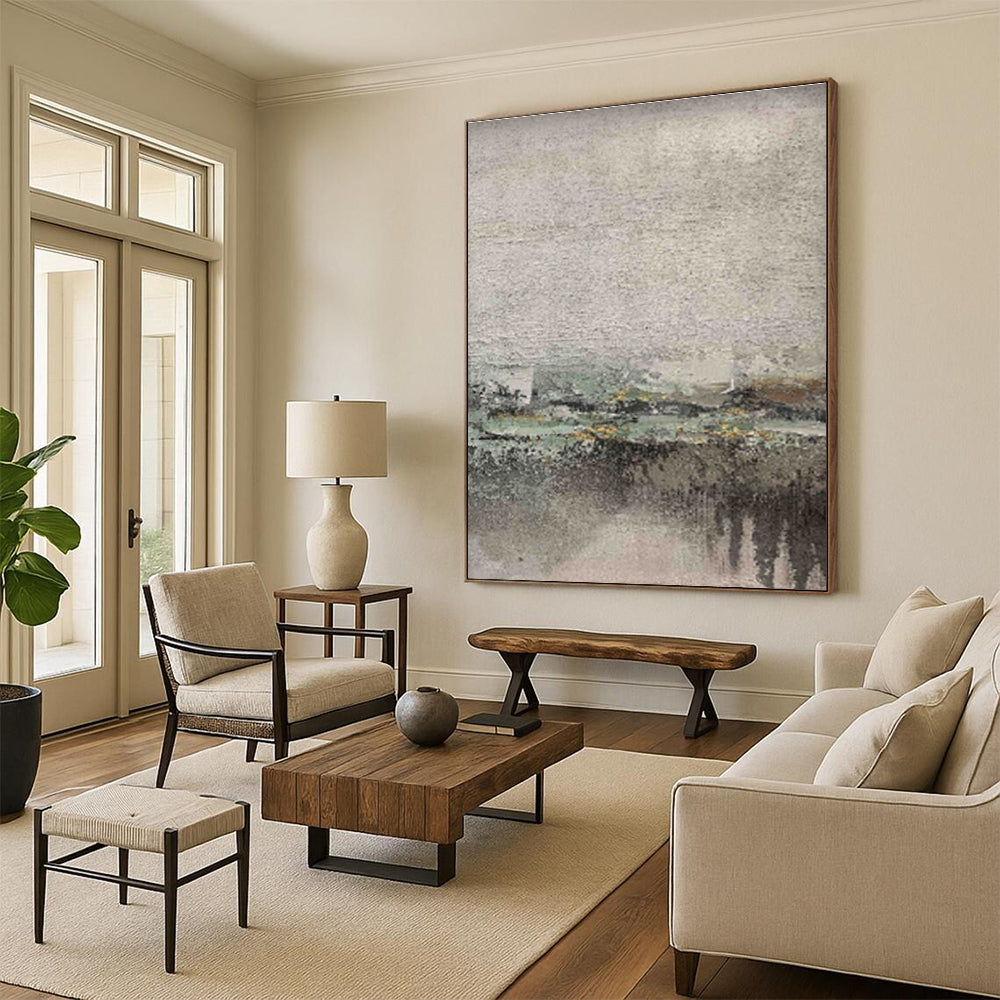 Oversized Abstract Wall Art Gray, Beige, and Green Textured Abstract Landscape Art DPS472