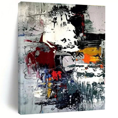 Hand-Painted Multicolor (Red, Black, White, Yellow, Blue) Abstract Energetic Shapes Painting On Canvas PT271