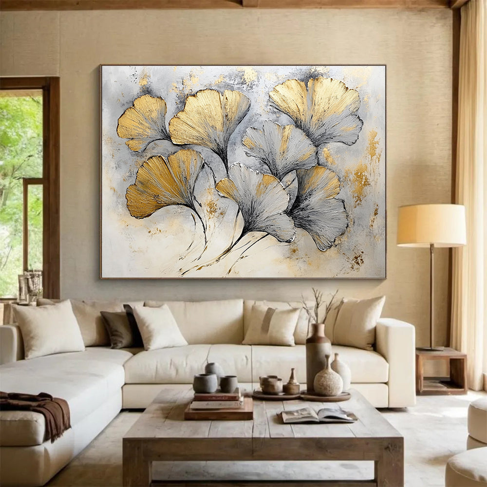 Huge Size Gold and Gray Ginkgo Leaves Textured Abstract Painting HPS303