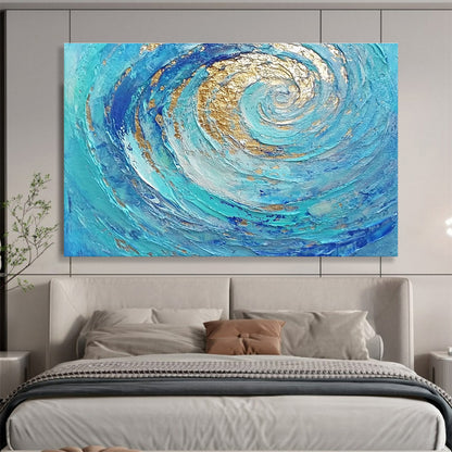 Hand Painted Art Turquoise, Blue & Gold Textured Spiral Abstract Painting HPS257