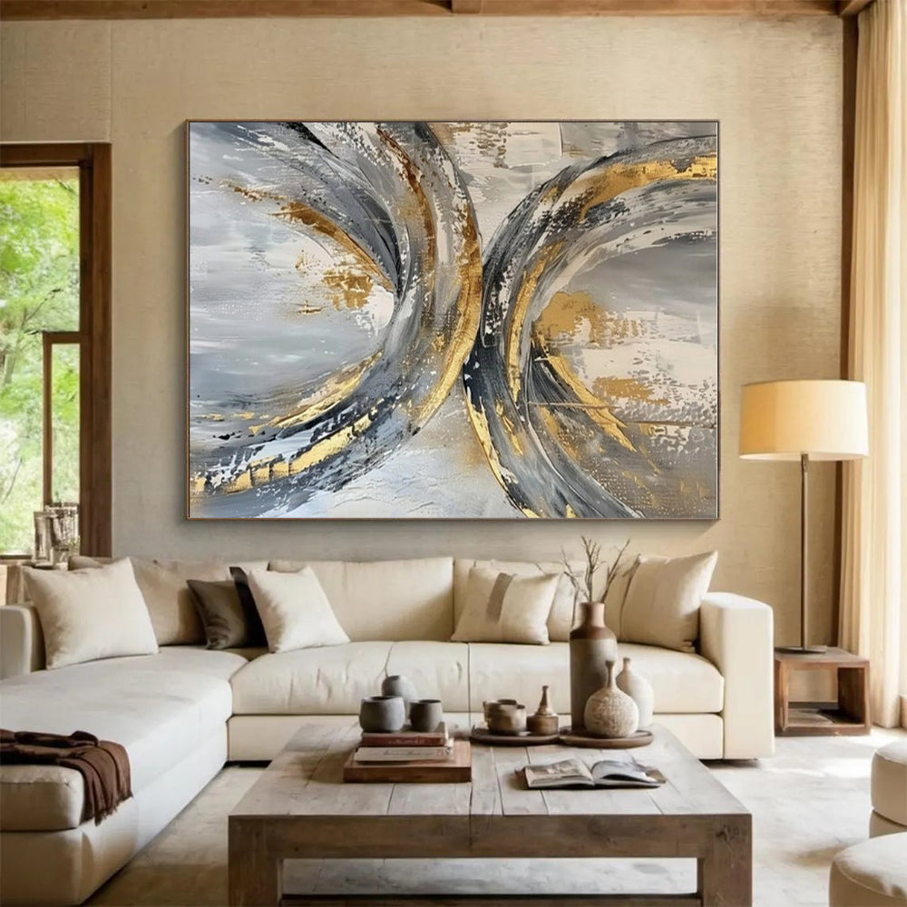 Oversized Abstract Wall Art Gold, Gray, and White Circular Abstract Art PT737