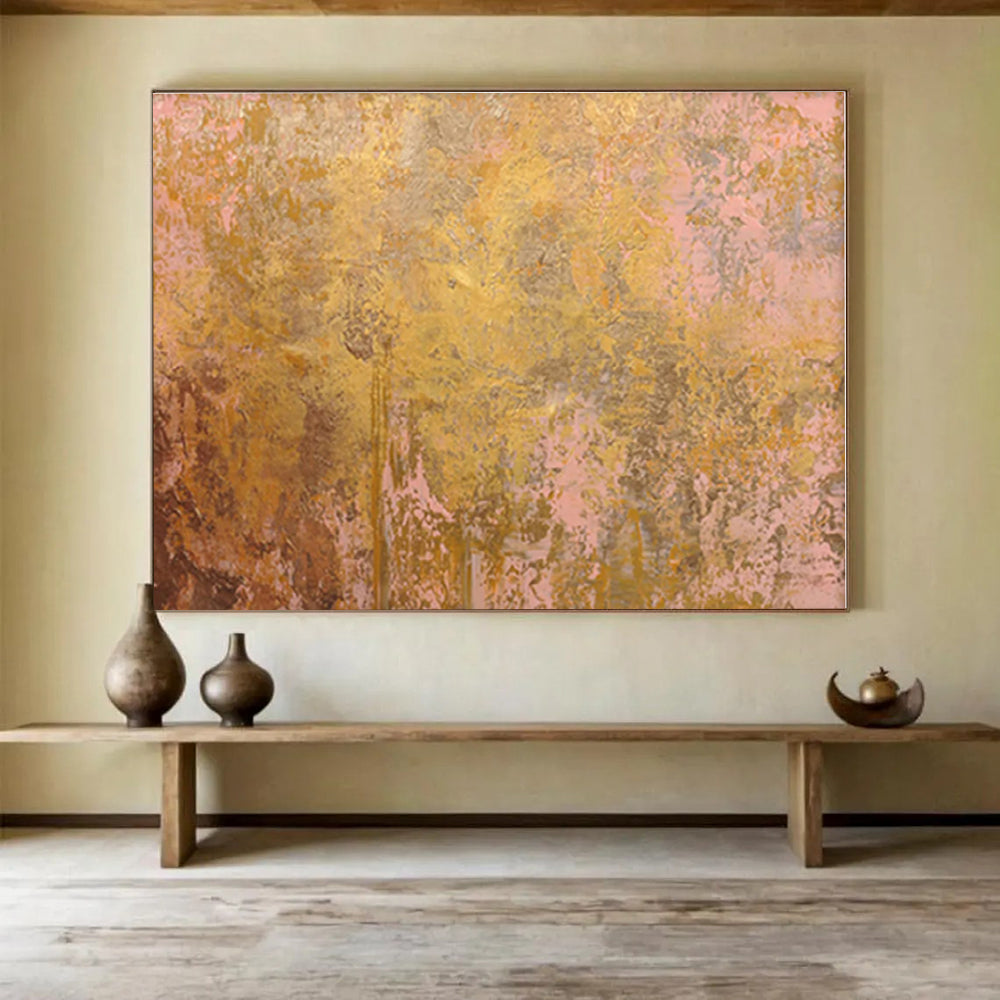 Oversized Abstract Wall Art Gold & Pink Textured Abstract On Canvas HPS019