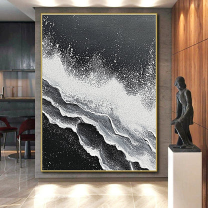 Wall Decor Abstract Paintings Large, Black White Abstract Textured Wave Art PT176