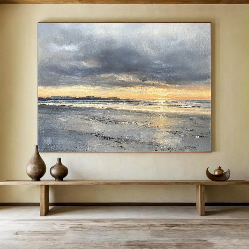 Cool Abstract Paintings Gray, Orange, and Yellow Dramatic Seaside Sunset HPS318